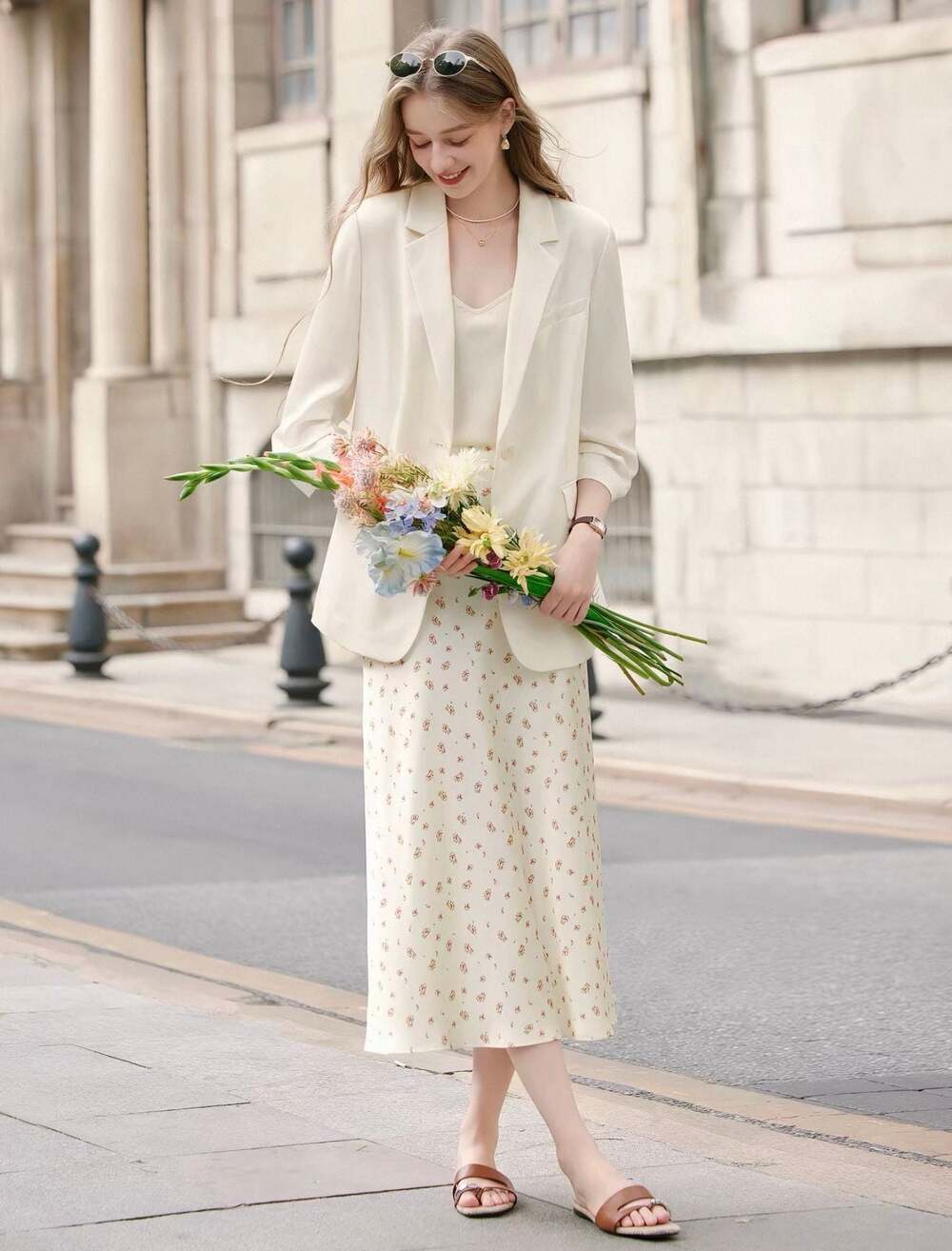 NWT Elegant 3-Piece Suit Set Blazer Tank Floral Long Skirt L